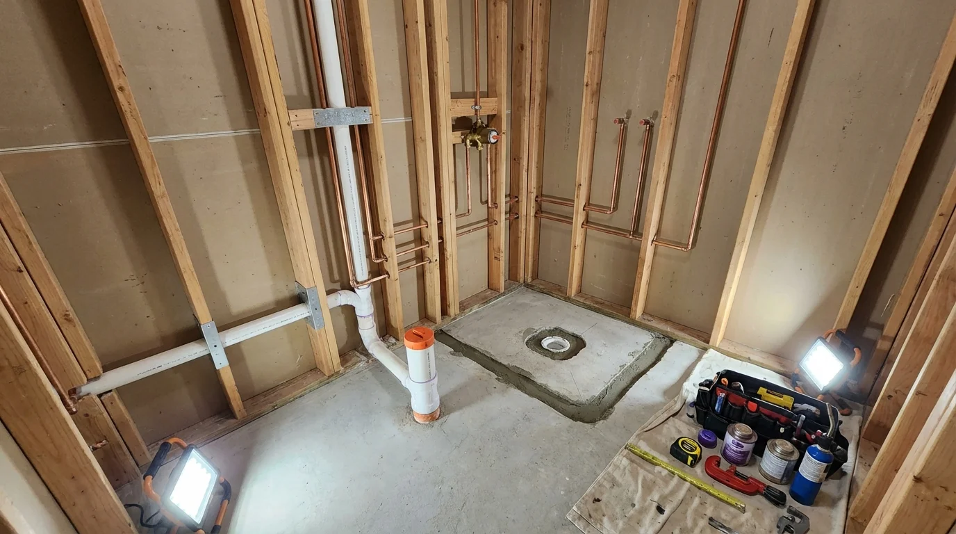 Bathroom rough-in plumbing during remodel by Johns Plumbing LLC in Moodus