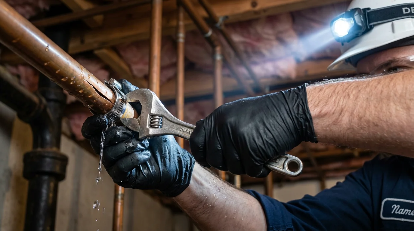 Emergency pipe clamp repair being performed by a Johns Plumbing LLC plumber in Moodus