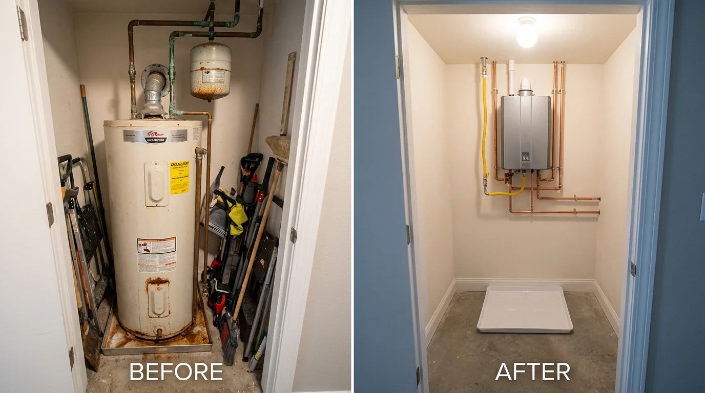 Tank water heater versus wall-mounted tankless unit comparison for Moodus, CT homeowners