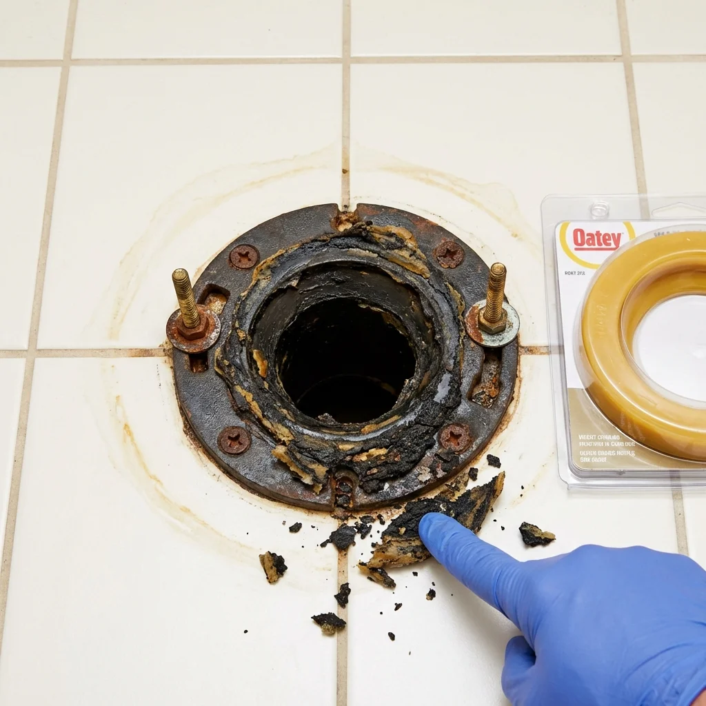 Failed wax ring showing water seepage at the base of a toilet in a Moodus, CT home