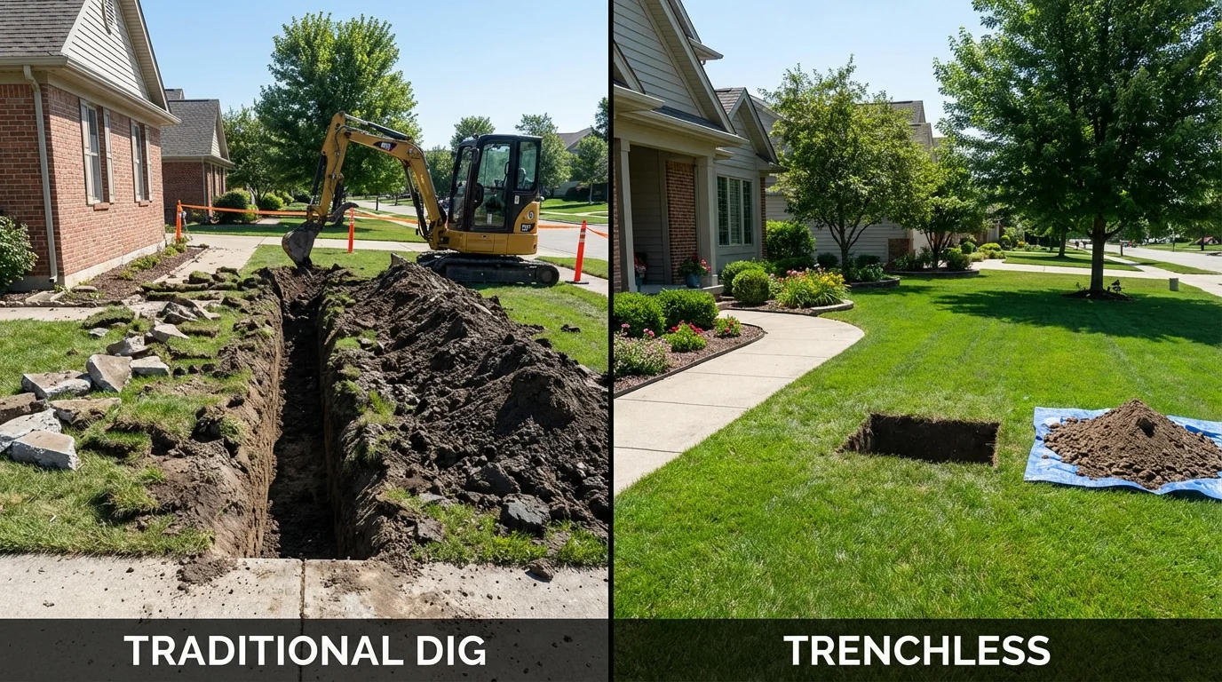 Trenchless sewer repair with minimal yard damage versus traditional excavation in Moodus, CT