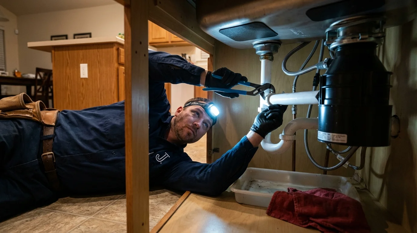 P-trap and supply line connections under a kitchen sink showing a common leak point in Moodus, CT
